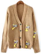 Shein Khaki Drop Shoulder Birds Beading Sweater Coat