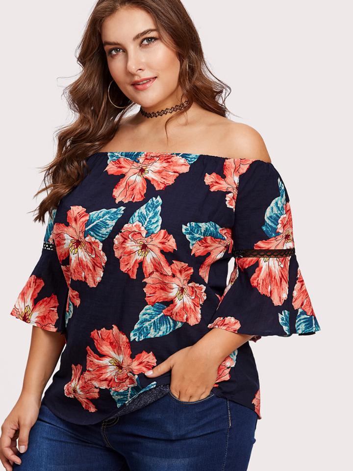 Shein Hollow Cut Fluted Sleeve Bardot Blouse