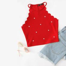 Shein Pearl Embellished Scalloped Halter Top
