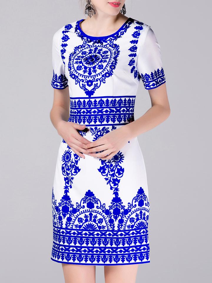 Shein White And Blue Porcelain Embroidered Beading Dress