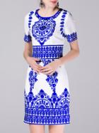 Shein White And Blue Porcelain Embroidered Beading Dress