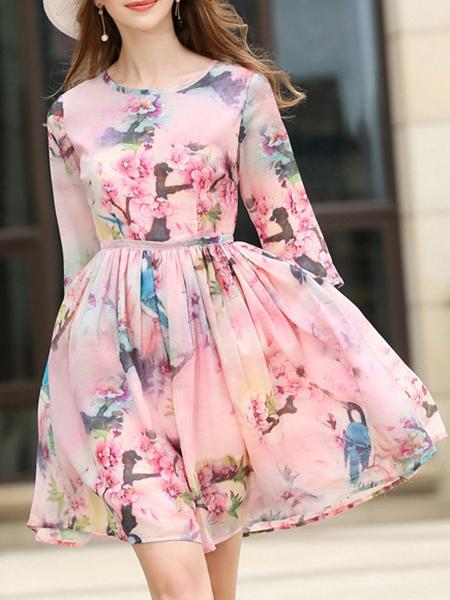 Shein Pink Flowers Print Pleated Dress