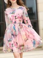 Shein Pink Flowers Print Pleated Dress