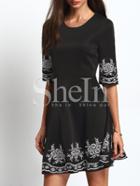 Shein Black Half Sleeve Embroidered Flare Dress