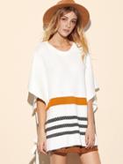 Shein White Striped Slit Side Bow Tie Dolman Sweater