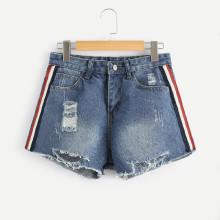 Shein Stripe Side Raw Hem Ripped Denim Shorts