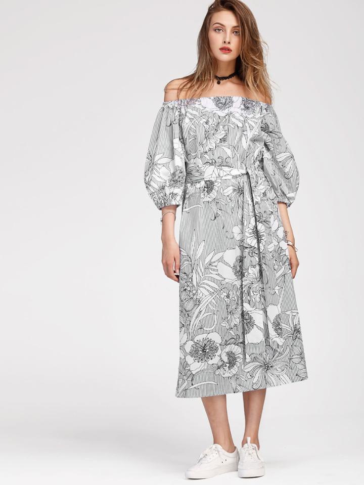 Shein Bardot Lantern Sleeve Slit Side Florals Dress