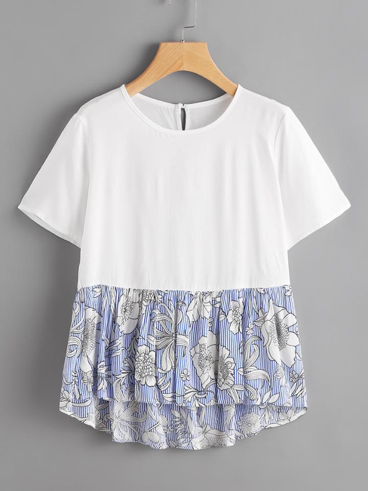 Shein Contrast Florals Striped Frill Hem Blouse