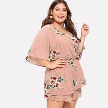 Shein Plus Surplice Neck Overlap Ruffle Hem Floral Romper