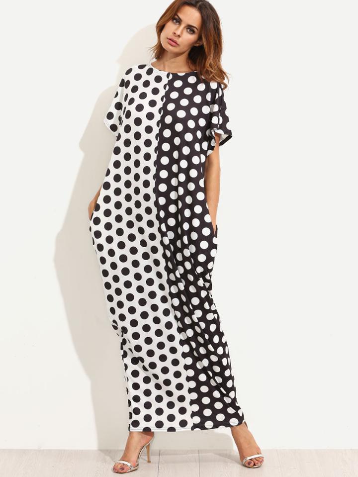 Shein Contrast Polka Dot Print Pockets Maxi Tee Dress