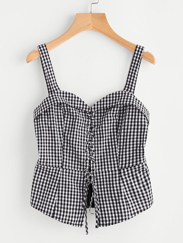 Shein Fold Over Grommet Lace Up Gingham Bustier Top