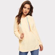 Shein Drop Shoulder Ribbon Drawstring Teddy Hoodie