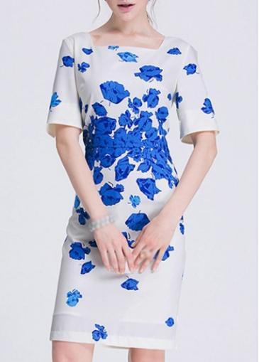 Rosewe Elegant Pint Design Round Neck Half Sleeve Dress