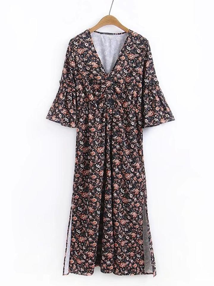 Shein Calico Print Fluted Sleeve Side Split Ruched Dress
