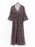 Shein Calico Print Fluted Sleeve Side Split Ruched Dress