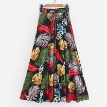 Shein Foliage Print Drawstring Waist Skirt