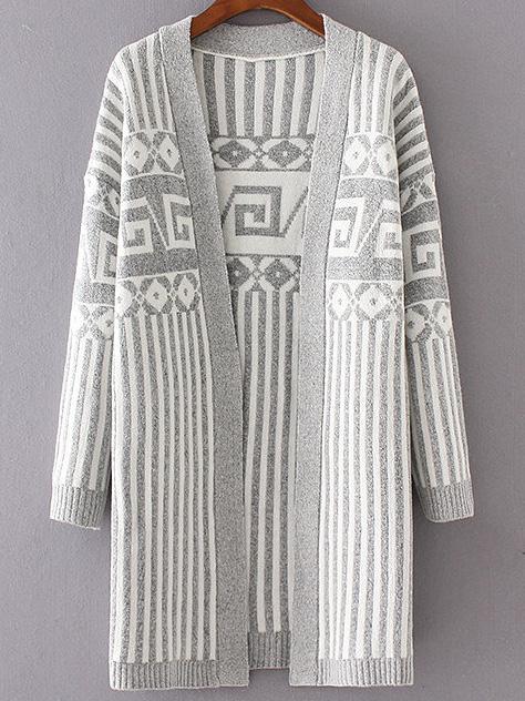 Shein Grey Striped Drop Shoulder Long Cardigan