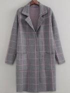 Shein Grey Grid Lapel Long Coat With Pockets