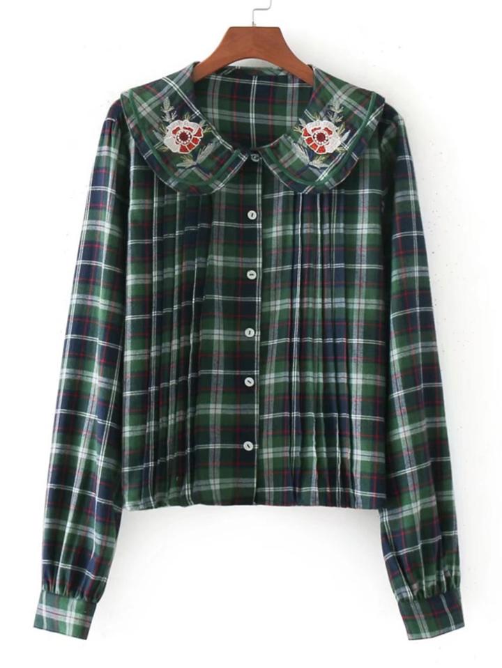 Shein Flower Embroidery Pleated Detail Plaid Blouse