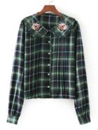 Shein Flower Embroidery Pleated Detail Plaid Blouse