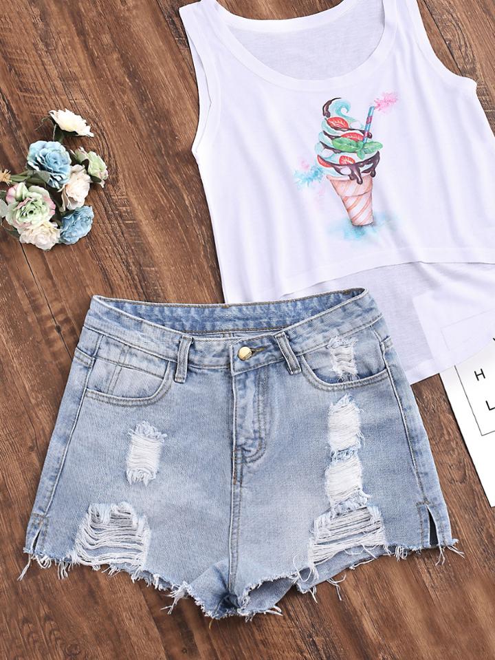 Shein Bleach Wash Distressed Frayed Hem Denim Shorts
