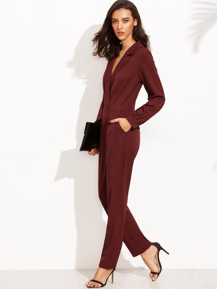 Shein Burgundy Lapel Pocket Long Sleeve Jumpsuit
