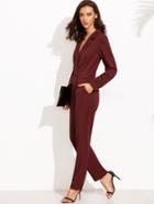 Shein Burgundy Lapel Pocket Long Sleeve Jumpsuit