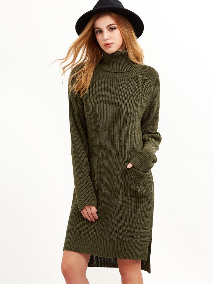 Shein Olive Green Turtleneck Pocket Front High Low Slit Sweater Dress