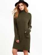 Shein Olive Green Turtleneck Pocket Front High Low Slit Sweater Dress