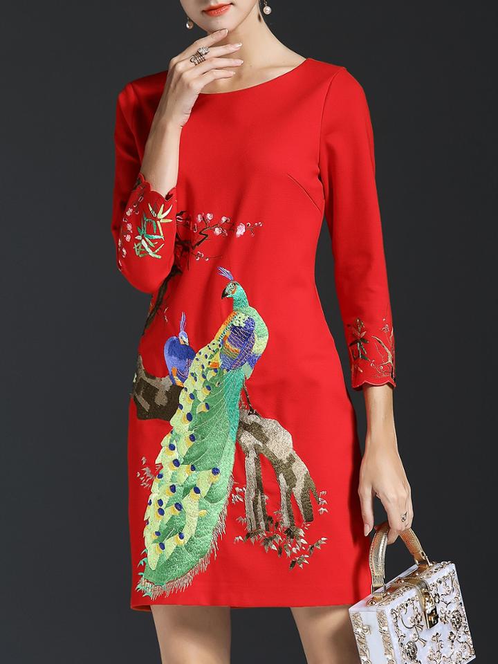 Shein Red Peacock Embroidered Sheath Dress