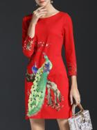 Shein Red Peacock Embroidered Sheath Dress