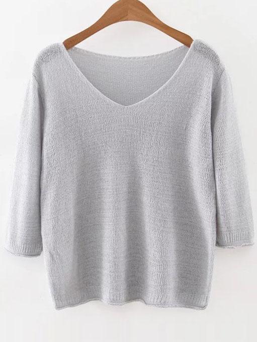 Shein Grey V Neck Ribbed Trim Knitwear