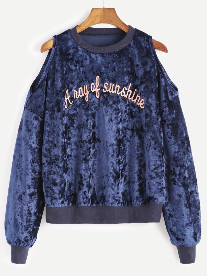 Shein Navy Cold Shoulder Embroidered Velvet Sweatshirt