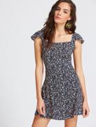 Shein Floral Print Square Neck Criss Cross Back Dress