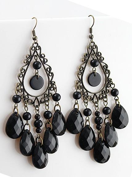 Shein Balck Tassel Rhinestone Water Drop Bead Earring