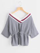 Shein Contrast Striped V Neckline Drawstring Cuffed Top