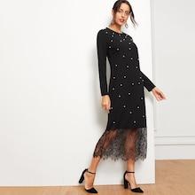 Shein Pearl Embellished Eyelash Lace Hem Dress