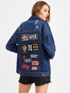 Shein Badge Detail Back Contrast Check Trim Denim Jacket