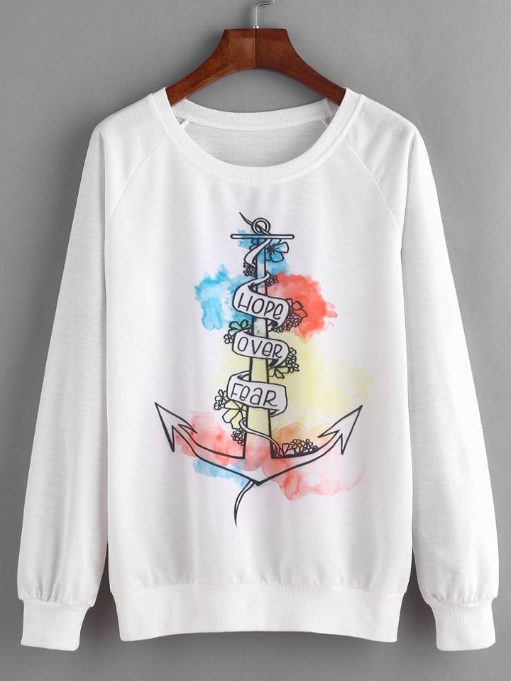 Shein White Anchor Print Raglan Sleeve Sweatshirt
