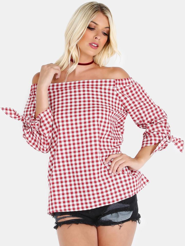 Shein Off The Shoulder Plaid Top Burgundy White