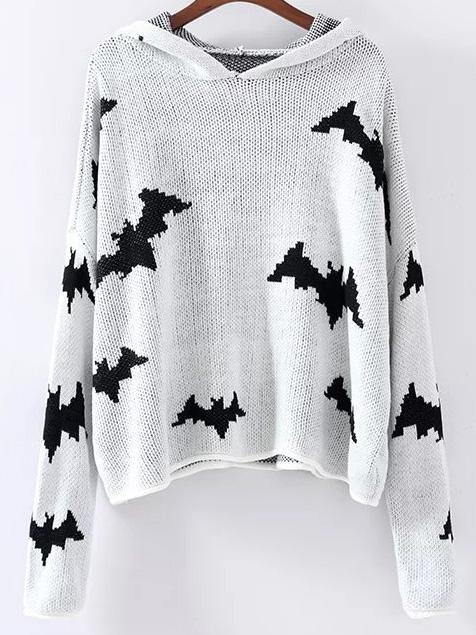 Shein White Bat Pattern Hooded Sweater