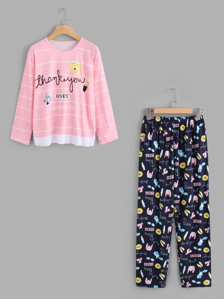 Shein Contrast Lace Hem Cartoon Print Tee & Pants Pj Set