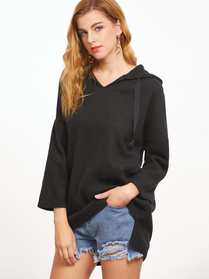 Shein Black Hooded Drop Shoulder Slit Side High Low Sweatshirt