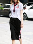 Shein Tie Neck Flowers Embroidered Top With Skirt