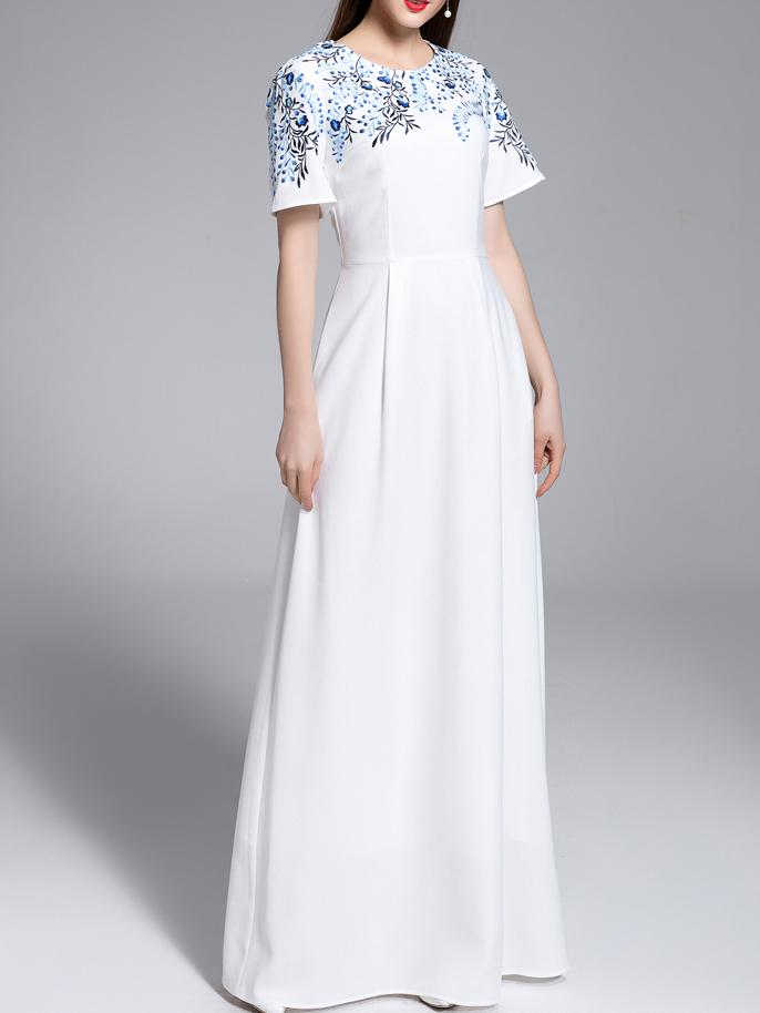 Shein White Crew Neck Embroidered Maxi Dress