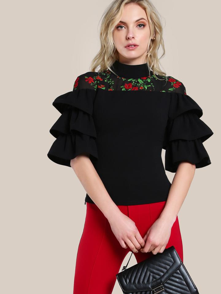 Shein Mesh Cut Out Layered Sleeve Top