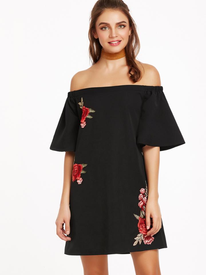 Shein Black Embroidered Flower Applique Bell Sleeve Off The Shoulder Dress
