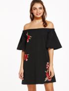 Shein Black Embroidered Flower Applique Bell Sleeve Off The Shoulder Dress