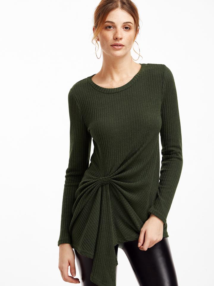Shein Army Green Long Sleeve Ribbed Twist T-shirt