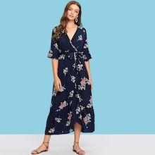 Shein Plunging Neck Self Belted Floral Maxi Dress